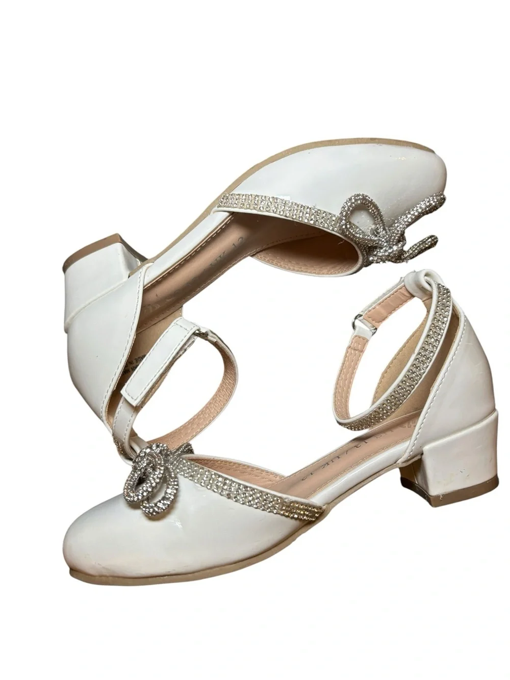 Embellished White Ankle-Strap Flats with Crystal Bow